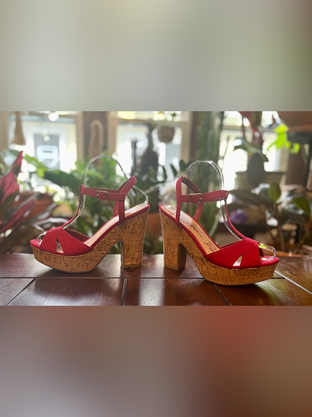 American Rag Bold Red T-Strap Cork Platform Sandals - Picture 2 of 9